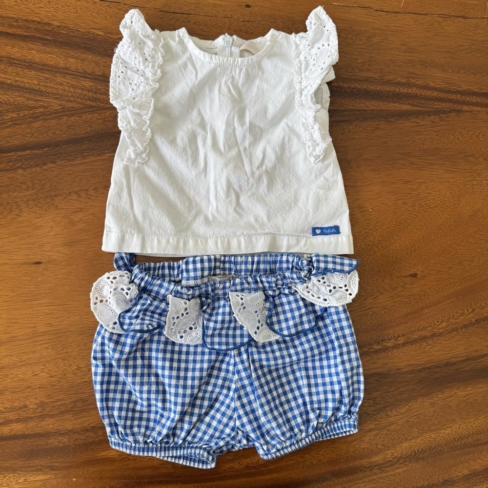 Nanán White Top and Blue Plaid Shorts Cotton Baby Outfit Size 6M